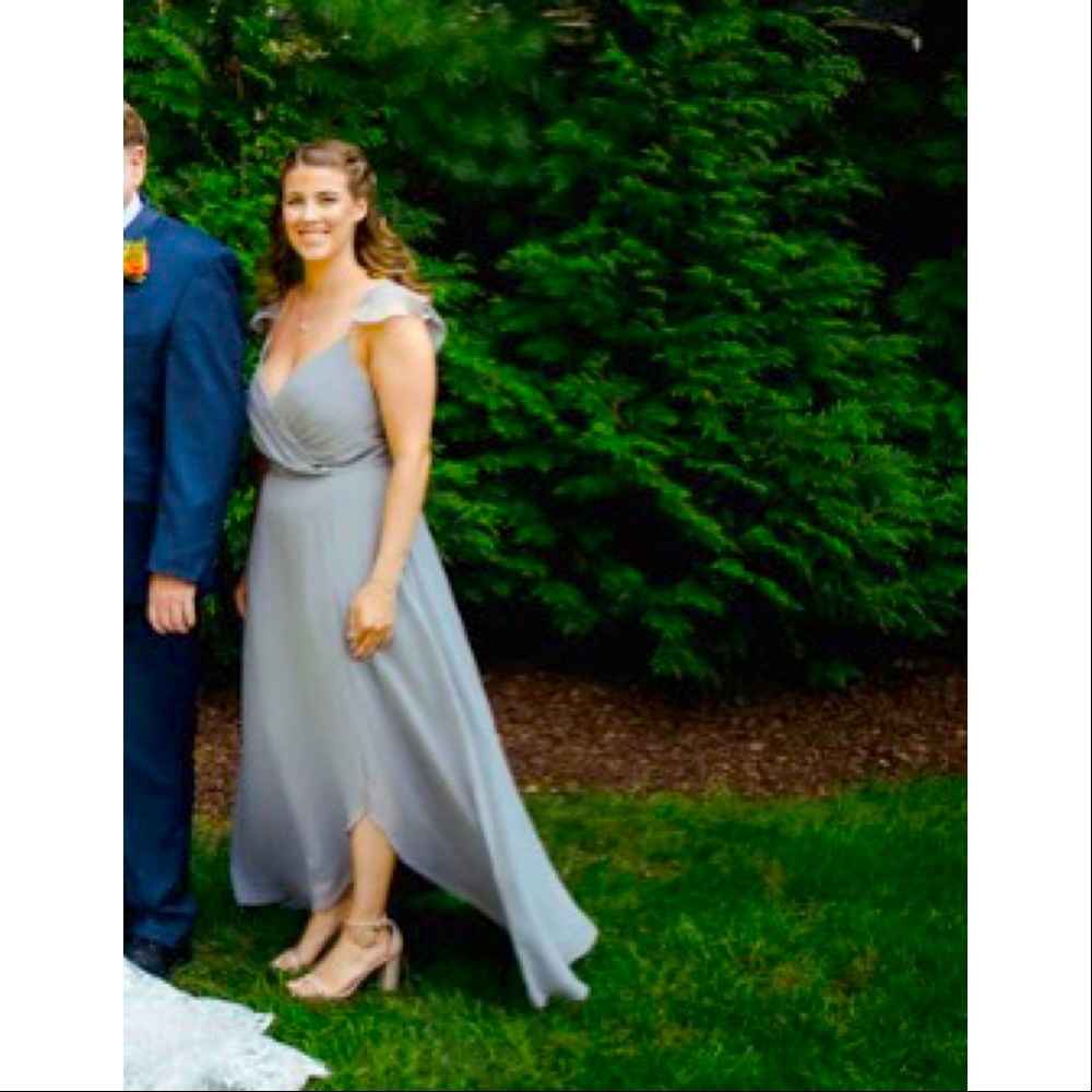 David’s Bridal ruffle spaghetti strap chiffon bridesmaid dress size 12 grey